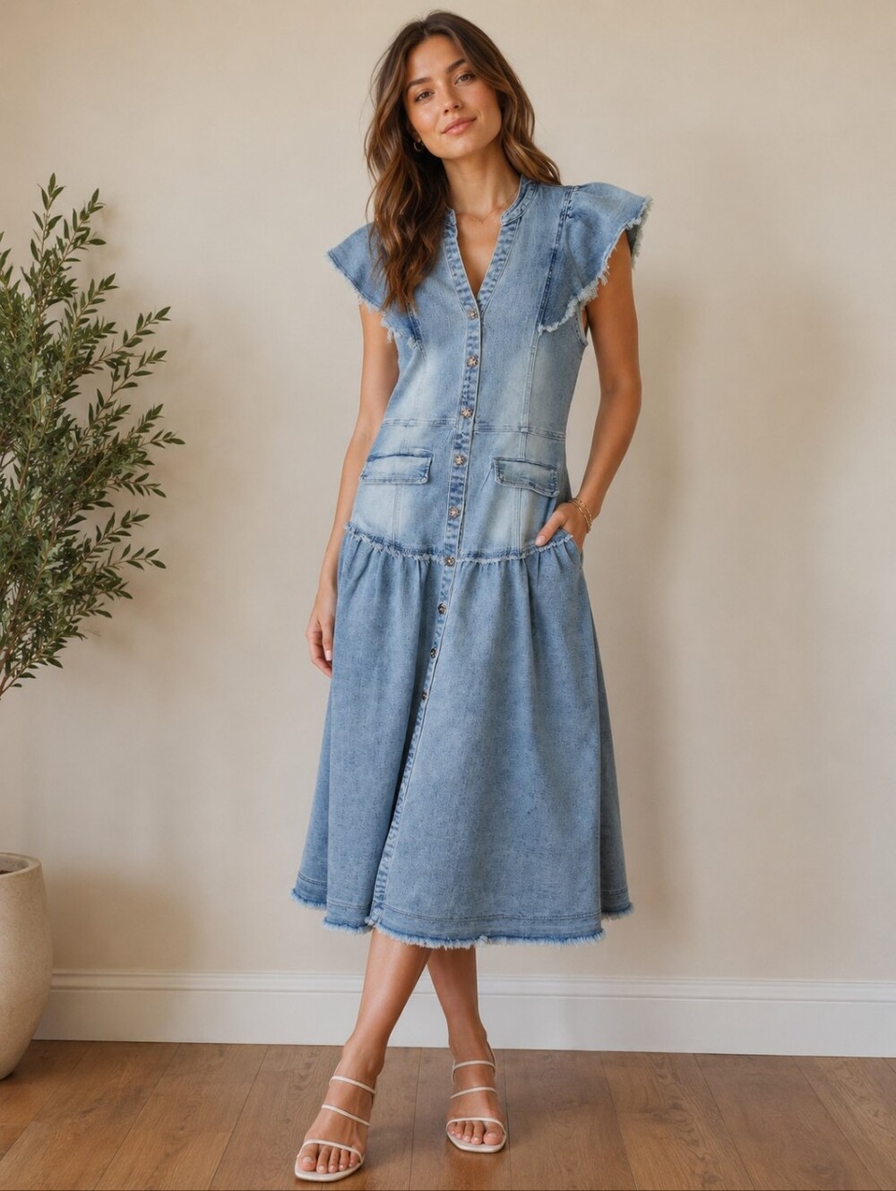 Denim Flutter Sleeve Button-Front Midi Dress En Saison - Picture 4 of 4